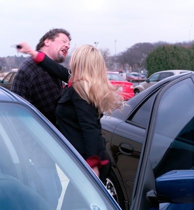 Woman punching man self-defense.