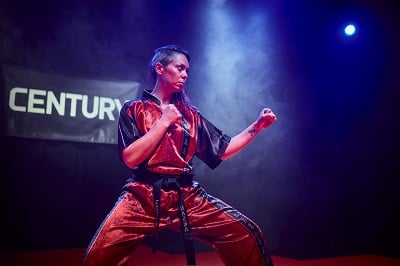 Sensei Jennifer Allman training a karate form.