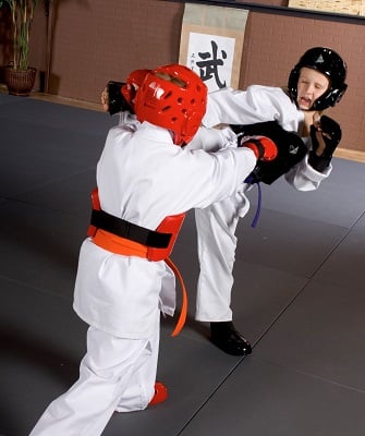 Students sparring. Century Student Headgear, Chest Protectors, Gloves and Boots.