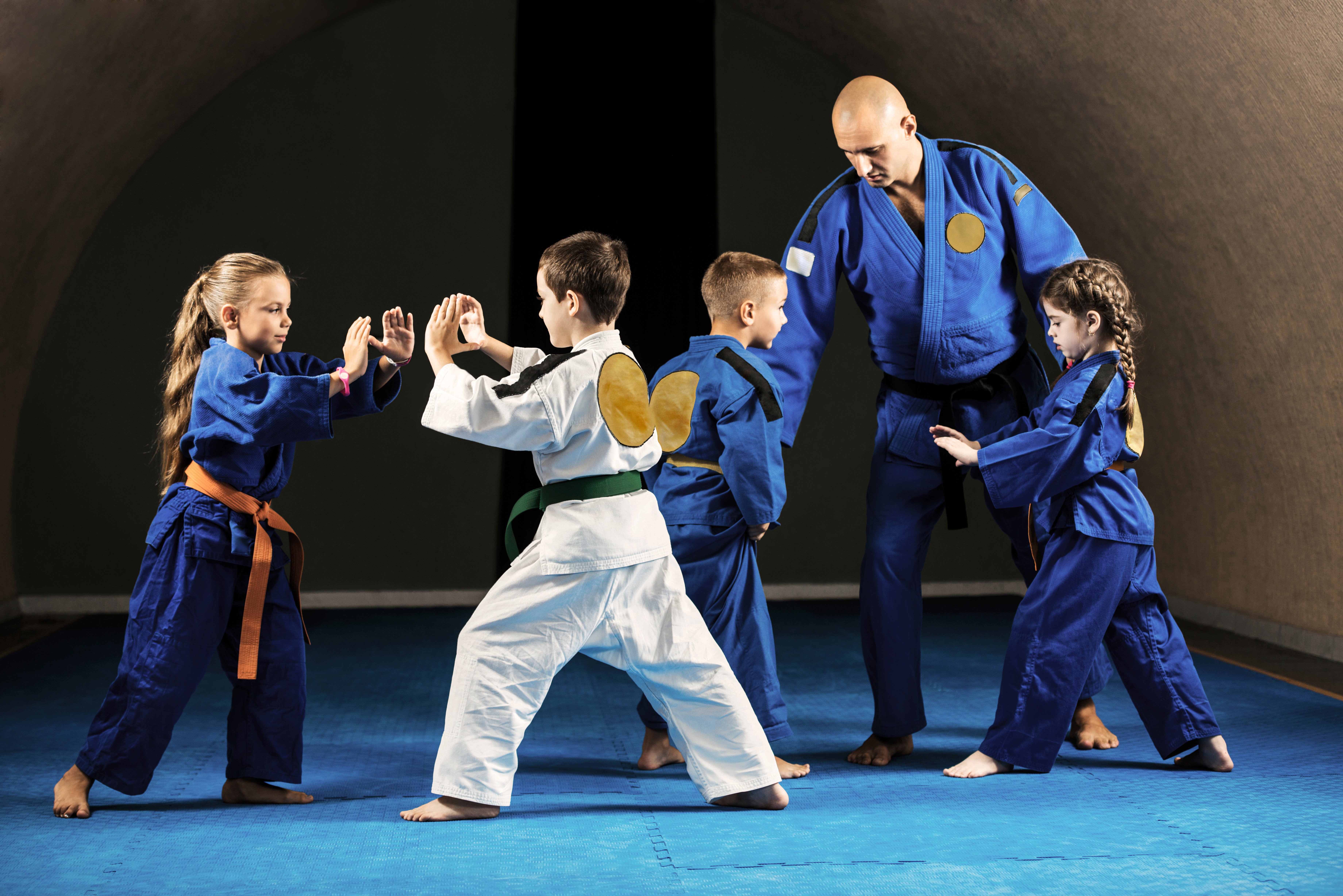 Children of different belt levels working together under a black belt instructor.