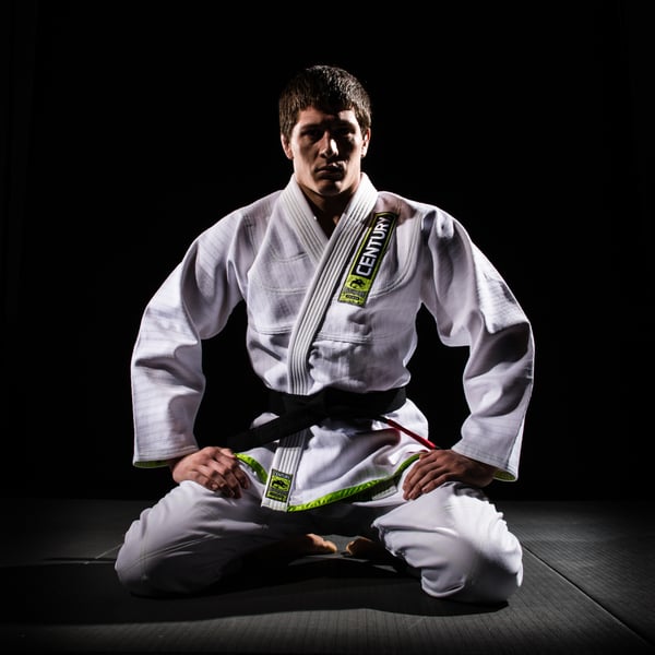 A Brazilian jiu jitsu gi being worn.