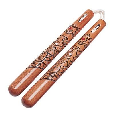 Some nunchaku, like the red wood Corded Dragon Nunchaku, also feature designs! From Century Martial Arts.